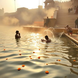 A serene scene depicting the morning bathing ritual along the River Ganga at a Ghat in Varanasi