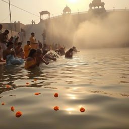 A serene scene depicting the morning bathing ritual along the River Ganga at a Ghat in Varanasi