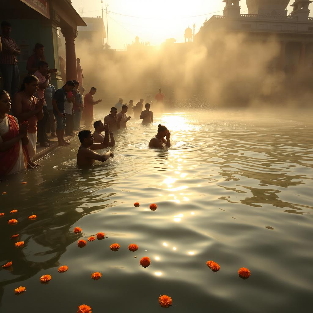 A serene scene depicting the morning bathing ritual along the River Ganga at a Ghat in Varanasi