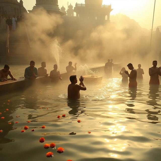 A serene scene depicting the morning bathing ritual along the River Ganga at a Ghat in Varanasi