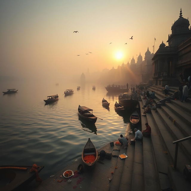 A scenic view of the River Ganga ghat in Varanasi during morning time, capturing the serene atmosphere with soft sunlight illuminating the water