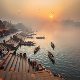 A scenic view of the River Ganga ghat in Varanasi during morning time, capturing the serene atmosphere with soft sunlight illuminating the water