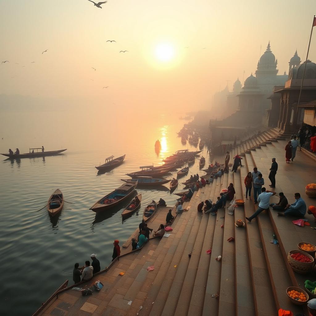 A scenic view of the River Ganga ghat in Varanasi during morning time, capturing the serene atmosphere with soft sunlight illuminating the water