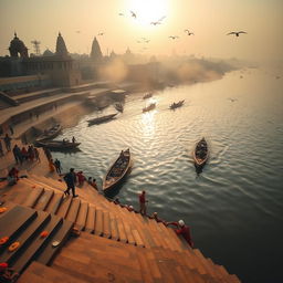 A scenic view of the River Ganga ghat in Varanasi during morning time, capturing the serene atmosphere with soft sunlight illuminating the water