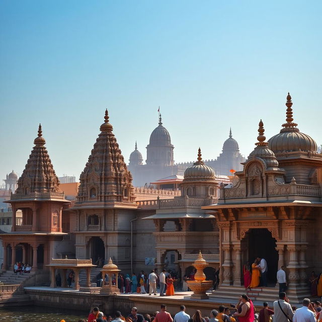 A picturesque view of the ancient temples in Varanasi, showcasing intricate architecture with ornate carvings and vibrant decorations