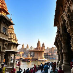 A picturesque view of the ancient temples in Varanasi, showcasing intricate architecture with ornate carvings and vibrant decorations