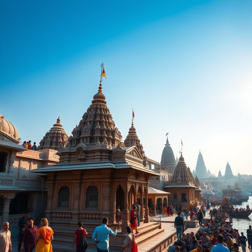 A picturesque view of the ancient temples in Varanasi, showcasing intricate architecture with ornate carvings and vibrant decorations