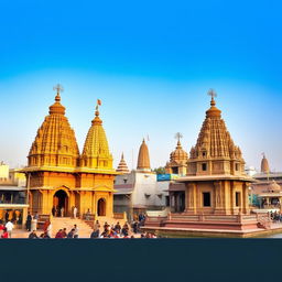 A picturesque view of the ancient temples in Varanasi, showcasing intricate architecture with ornate carvings and vibrant decorations