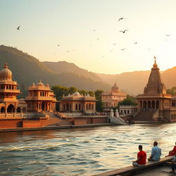 A stunning panoramic view of the temples in Rishikesh, India, with the sacred Ganges River flowing gracefully in front
