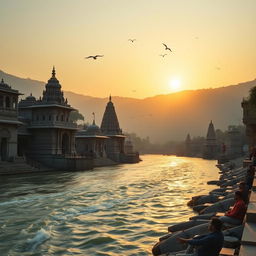 A stunning panoramic view of the temples in Rishikesh, India, with the sacred Ganges River flowing gracefully in front