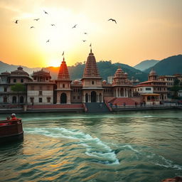 A stunning panoramic view of the temples in Rishikesh, India, with the sacred Ganges River flowing gracefully in front