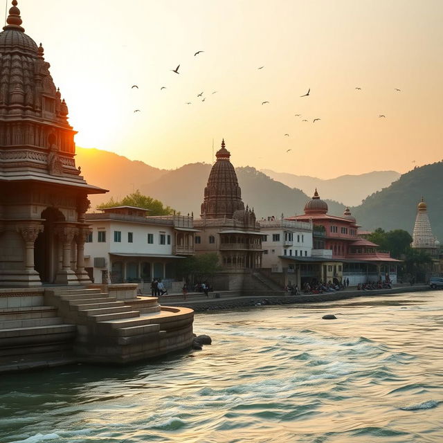 A stunning panoramic view of the temples in Rishikesh, India, with the sacred Ganges River flowing gracefully in front