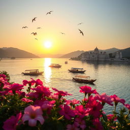 A picturesque view of the serene Lake Pichola in Udaipur, India, surrounded by lush green hills and majestic palaces