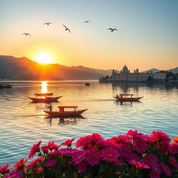 A picturesque view of the serene Lake Pichola in Udaipur, India, surrounded by lush green hills and majestic palaces