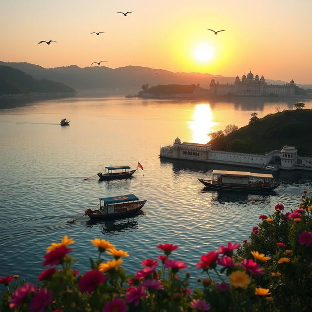 A picturesque view of the serene Lake Pichola in Udaipur, India, surrounded by lush green hills and majestic palaces