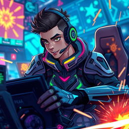A dynamic and futuristic esports character, fully immersed in action while playing a high-tech video game