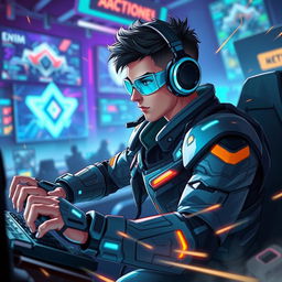 A dynamic and futuristic esports character, fully immersed in action while playing a high-tech video game