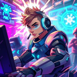 A dynamic and futuristic esports character, fully immersed in action while playing a high-tech video game