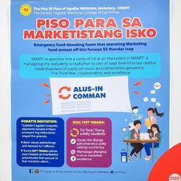 A visually appealing and informative poster for 'Piso Para sa Marketistang Isko', highlighting the donation initiative led by The Society of Marketers - SMART at Dr