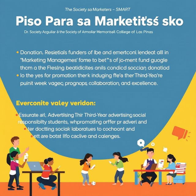 A visually appealing and informative poster for 'Piso Para sa Marketistang Isko', highlighting the donation initiative led by The Society of Marketers - SMART at Dr