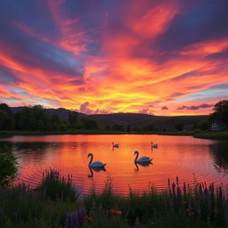 A scenic outdoor landscape, featuring a vibrant sunset sky with captivating shades of orange, pink, and purple