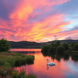 A scenic outdoor landscape, featuring a vibrant sunset sky with captivating shades of orange, pink, and purple