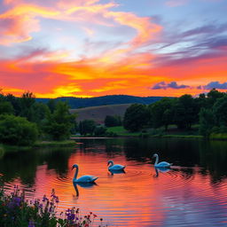 A scenic outdoor landscape, featuring a vibrant sunset sky with captivating shades of orange, pink, and purple