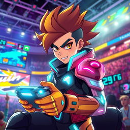 A dynamic and colorful esports character, dressed in a futuristic gaming outfit with sleek armor and LED accents