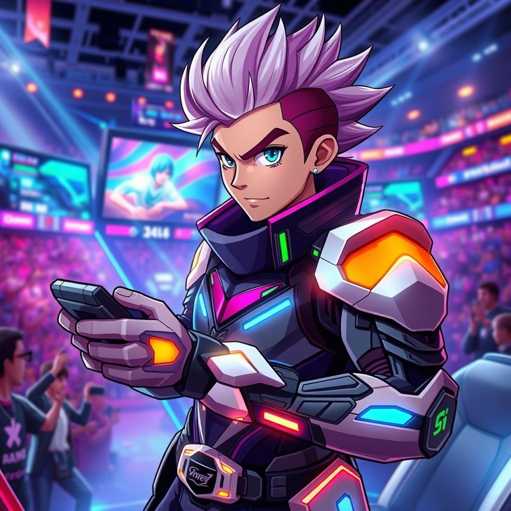 A dynamic and colorful esports character, dressed in a futuristic gaming outfit with sleek armor and LED accents