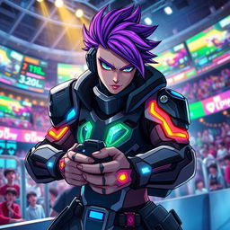 A dynamic and colorful esports character, dressed in a futuristic gaming outfit with sleek armor and LED accents