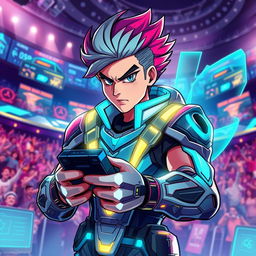A dynamic and colorful esports character, dressed in a futuristic gaming outfit with sleek armor and LED accents