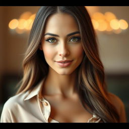 A portrait of a stunningly beautiful woman with a captivating gaze and an inviting expression