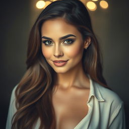 A portrait of a stunningly beautiful woman with a captivating gaze and an inviting expression