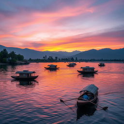 A serene view of a picturesque lake in Srinagar, featuring traditional houseboats floating gently on the water, surrounded by the majestic Himalayan mountains