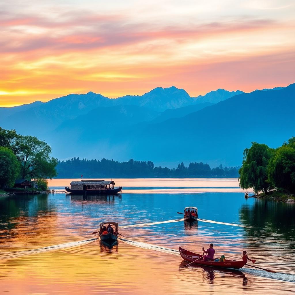 A serene view of a picturesque lake in Srinagar, featuring traditional houseboats floating gently on the water, surrounded by the majestic Himalayan mountains