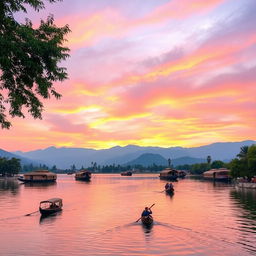 A serene view of a picturesque lake in Srinagar, featuring traditional houseboats floating gently on the water, surrounded by the majestic Himalayan mountains