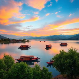 A serene view of a picturesque lake in Srinagar, featuring traditional houseboats floating gently on the water, surrounded by the majestic Himalayan mountains