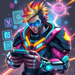 A highly detailed and dynamic esports character, dressed in futuristic gaming armor with vibrant colors and sleek design