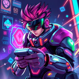 A highly detailed and dynamic esports character, dressed in futuristic gaming armor with vibrant colors and sleek design