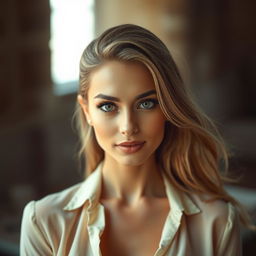 A stunningly beautiful woman with striking features and a captivating gaze, wearing an open blouse that hints at allure while maintaining elegance