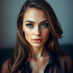 A stunningly beautiful woman with striking features and a captivating gaze, wearing an open blouse that hints at allure while maintaining elegance