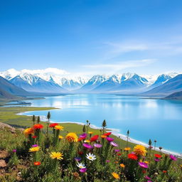 A breathtaking view of Mansarovar Lake, surrounded by majestic snow-capped mountains under a clear blue sky
