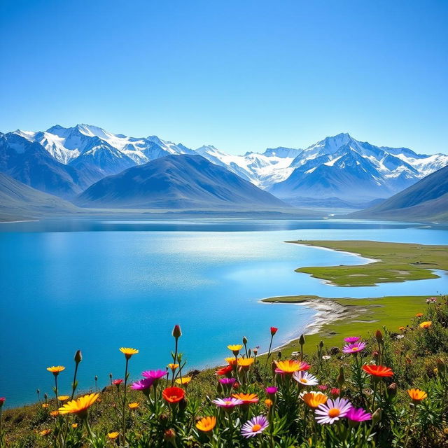 A breathtaking view of Mansarovar Lake, surrounded by majestic snow-capped mountains under a clear blue sky