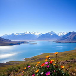 A breathtaking view of Mansarovar Lake, surrounded by majestic snow-capped mountains under a clear blue sky