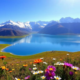 A breathtaking view of Mansarovar Lake, surrounded by majestic snow-capped mountains under a clear blue sky