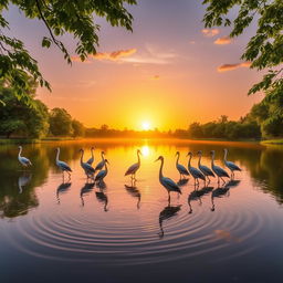 A serene landscape showcasing a flock of elegant cranes gracefully standing in a tranquil lake