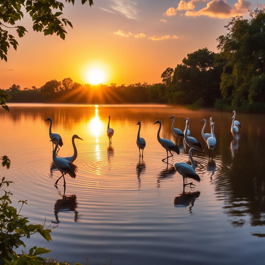 A serene landscape showcasing a flock of elegant cranes gracefully standing in a tranquil lake