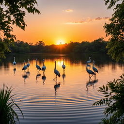 A serene landscape showcasing a flock of elegant cranes gracefully standing in a tranquil lake