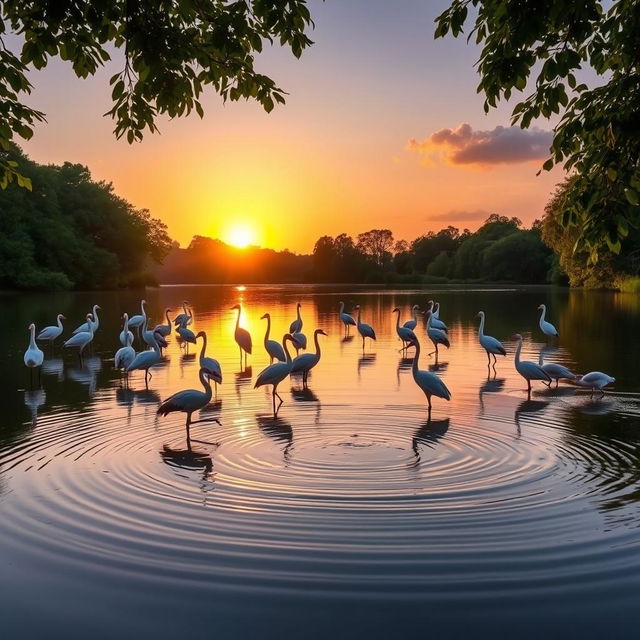 A serene landscape showcasing a flock of elegant cranes gracefully standing in a tranquil lake