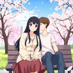 A serene and intimate illustration featuring Sawako from a popular anime, sitting together with a friend in a peaceful park